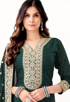 Embroidered Art Silk Punjabi Suit in Dark Green