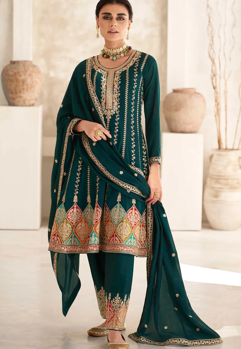 Embroidered Art Silk Punjabi Suit in Dark Green