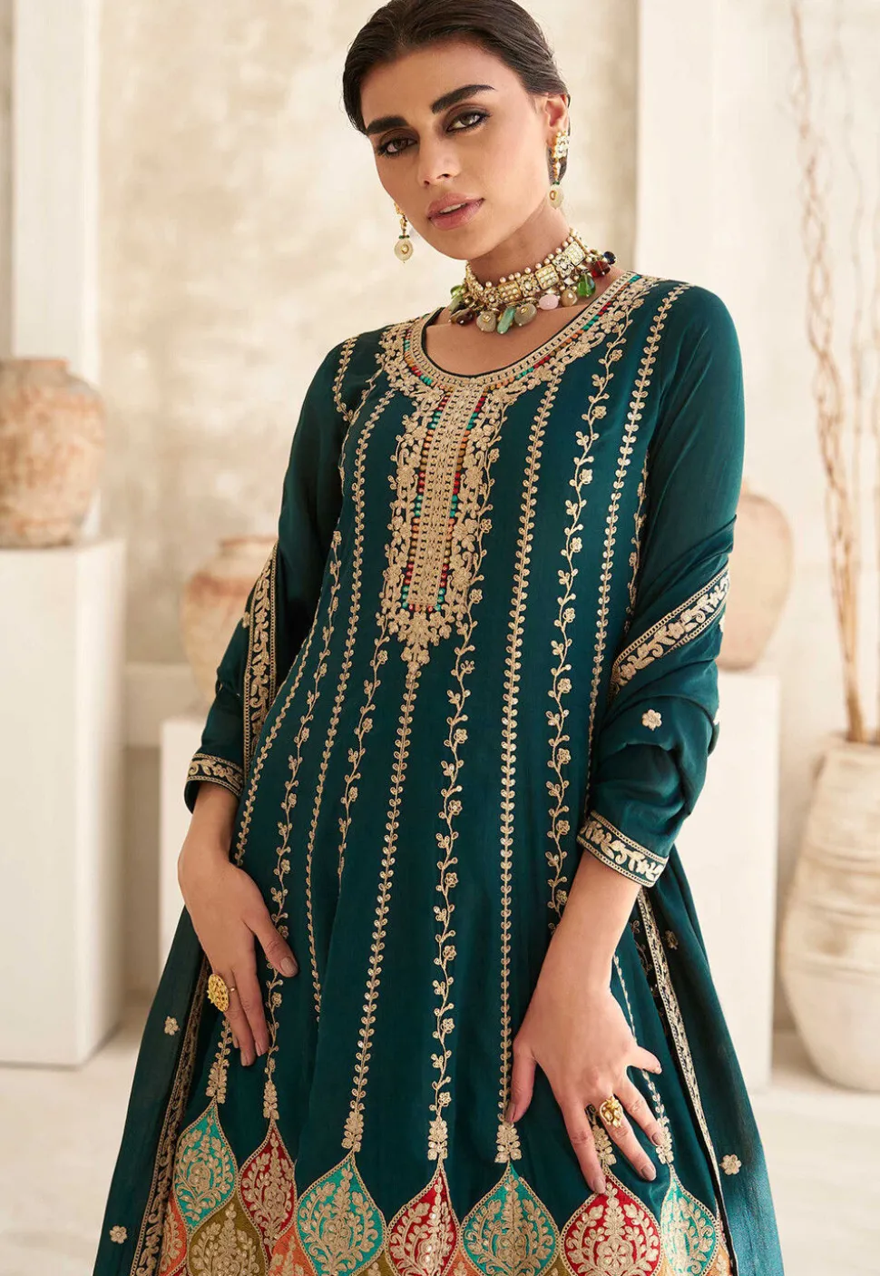 Embroidered Art Silk Punjabi Suit in Dark Green
