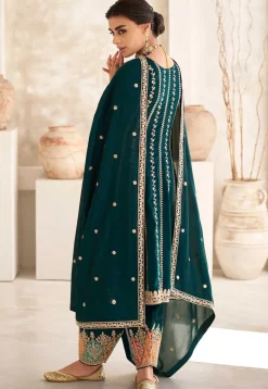 Embroidered Art Silk Punjabi Suit in Dark Green