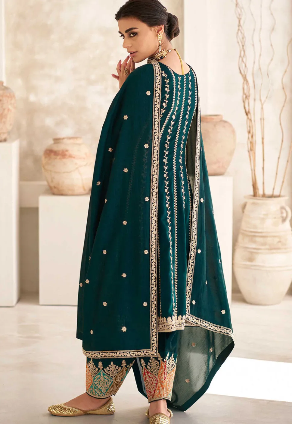 Embroidered Art Silk Punjabi Suit in Dark Green