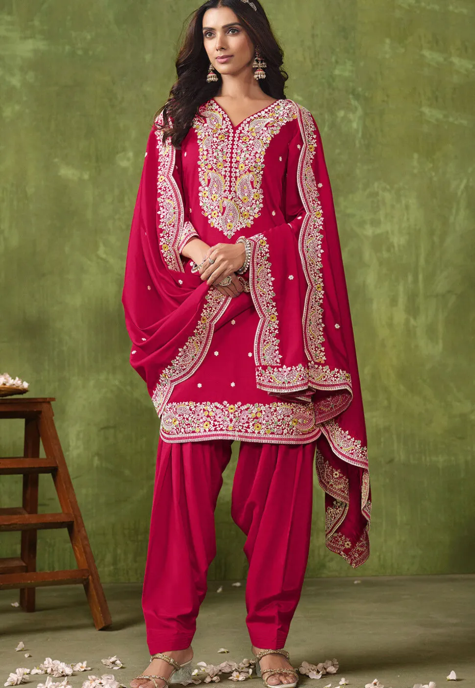 Embroidered Art Silk Punjabi Suit in Fuchsia