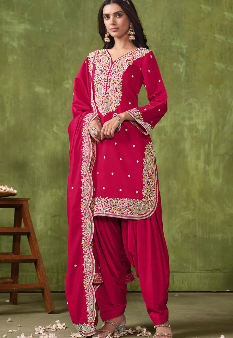 Embroidered Art Silk Punjabi Suit in Fuchsia