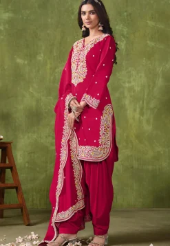 Embroidered Art Silk Punjabi Suit in Fuchsia