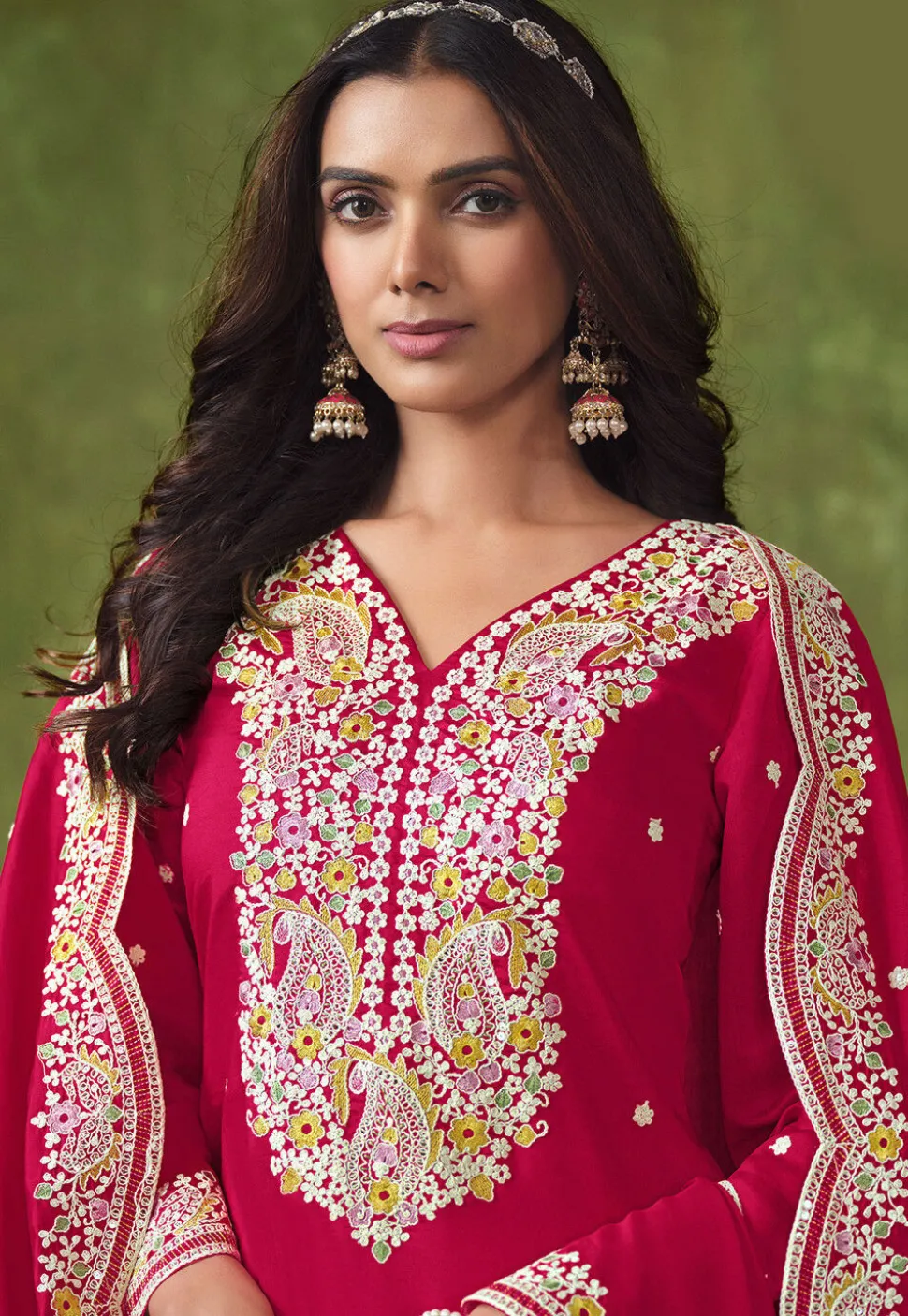 Embroidered Art Silk Punjabi Suit in Fuchsia