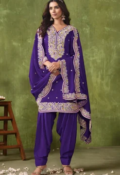Embroidered Art Silk Punjabi Suit in Purple