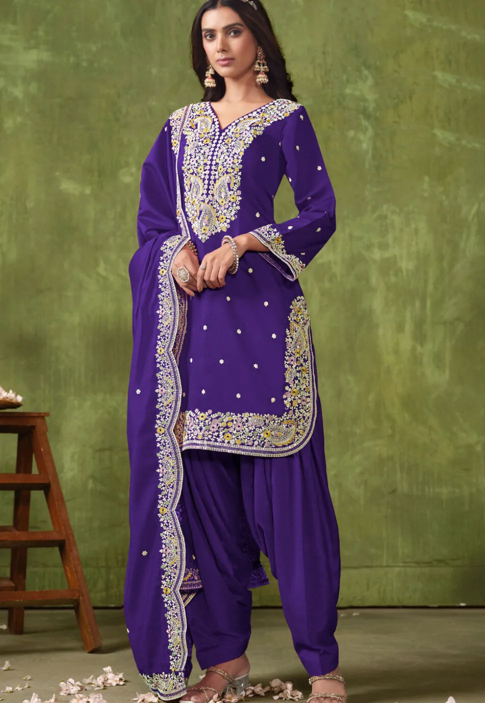 Embroidered Art Silk Punjabi Suit in Purple