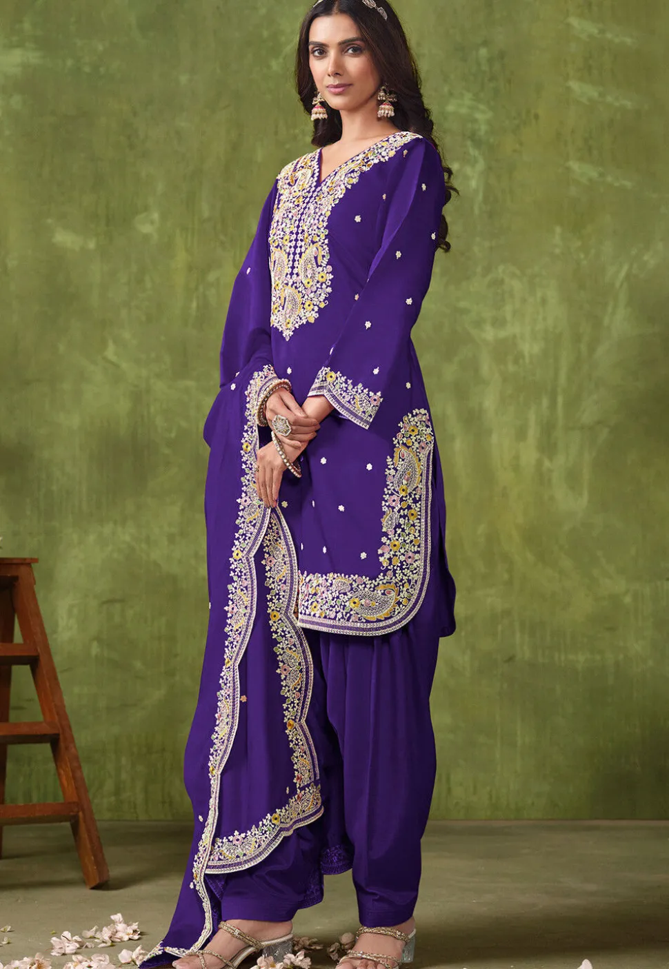Embroidered Art Silk Punjabi Suit in Purple