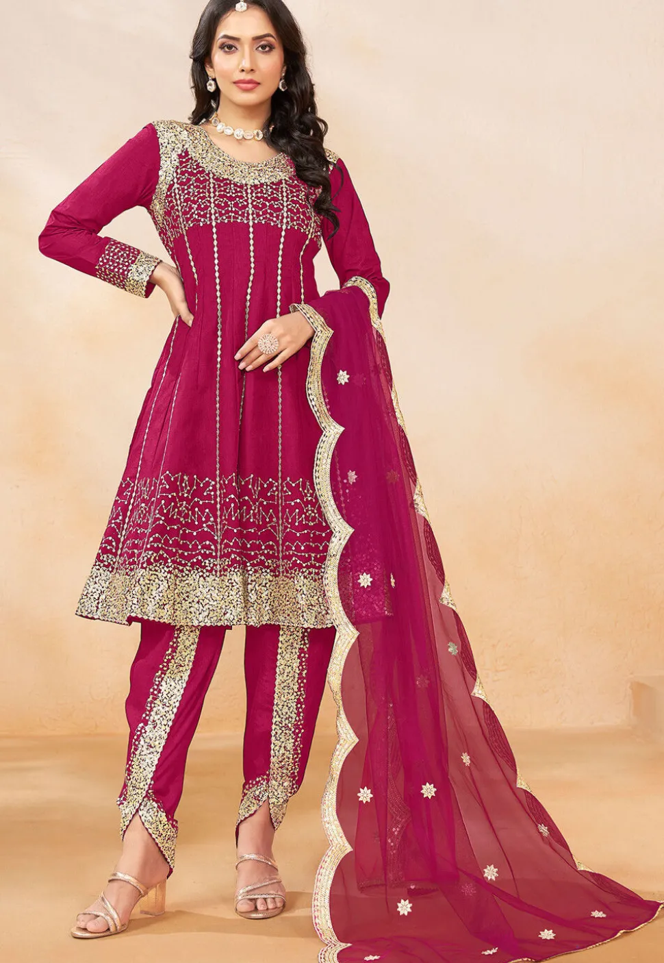 Embroidered Art Silk Punjabi Suit in Pink