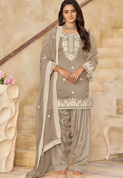 Embroidered Art Silk Punjabi Suit in Fawn