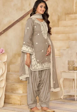 Embroidered Art Silk Punjabi Suit in Fawn