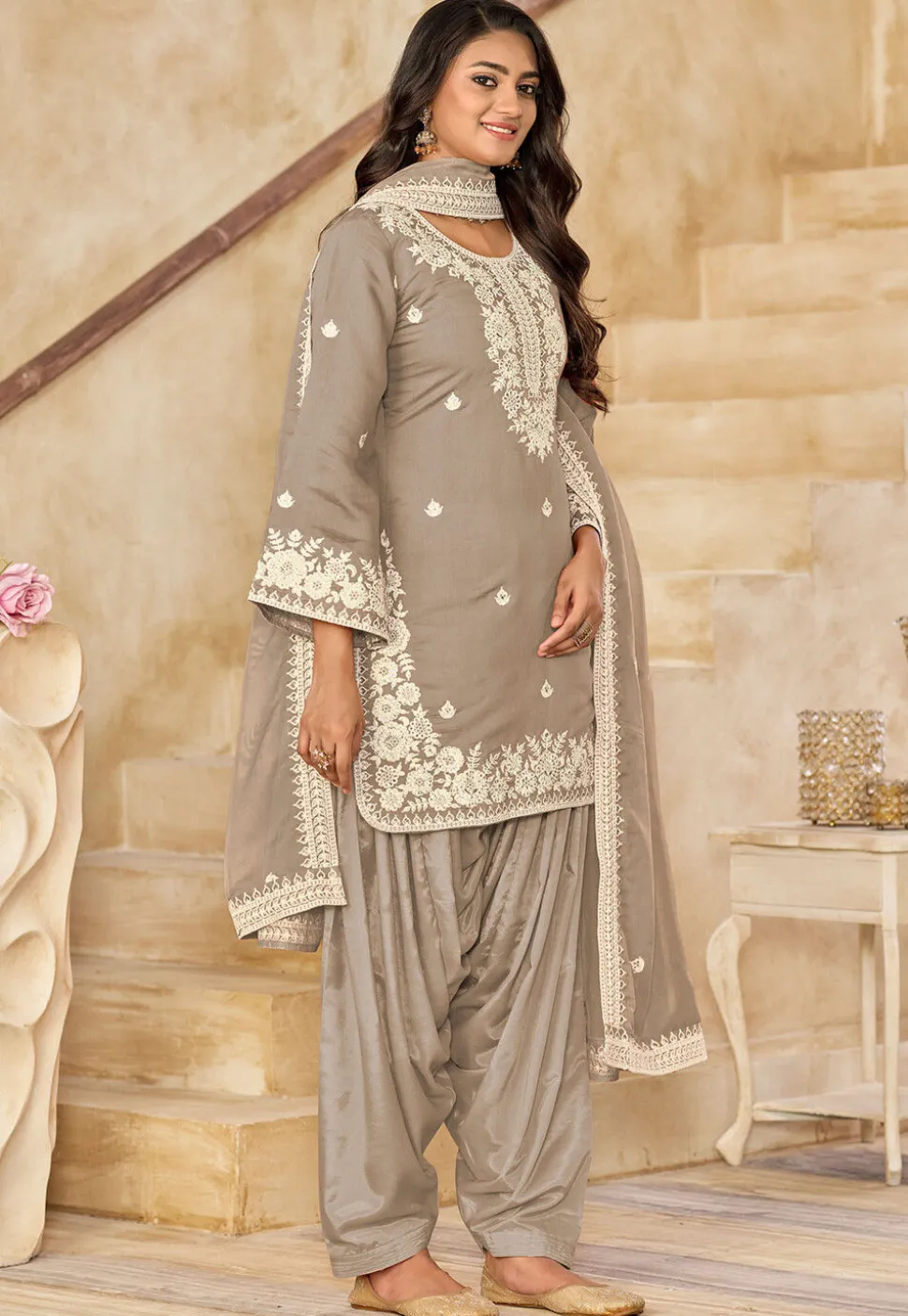 Embroidered Art Silk Punjabi Suit in Fawn