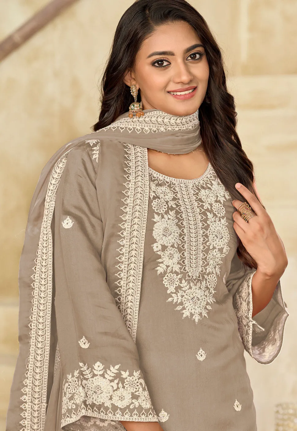Embroidered Art Silk Punjabi Suit in Fawn