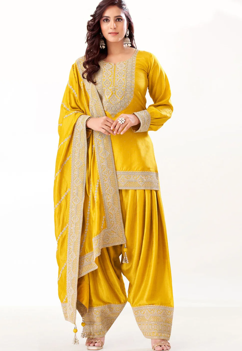 Embroidered Art Silk Punjabi Suit in Mustard