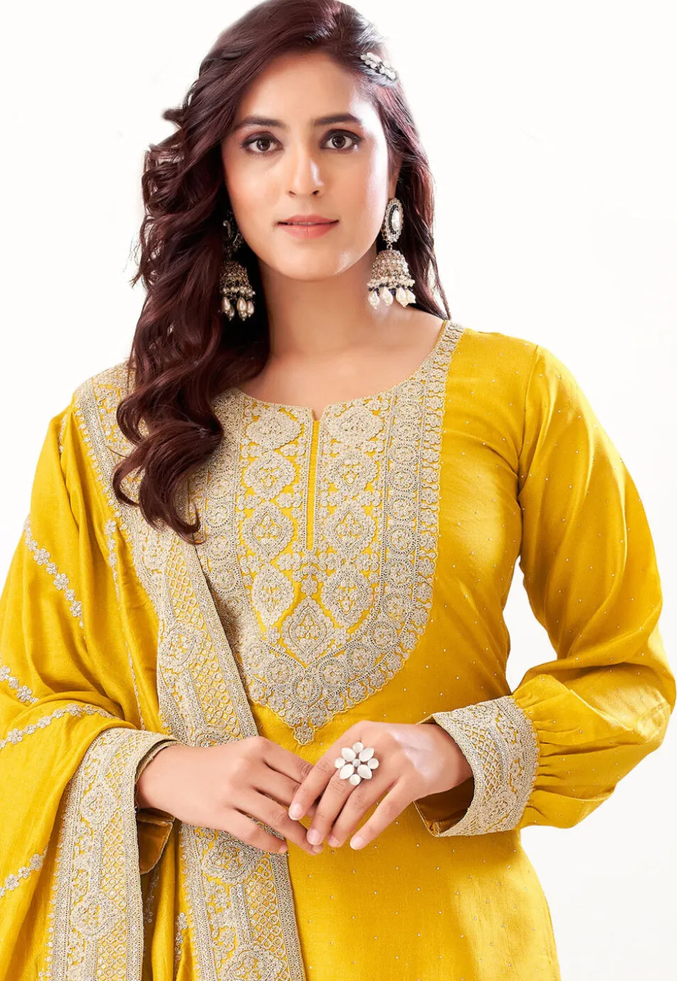Embroidered Art Silk Punjabi Suit in Mustard
