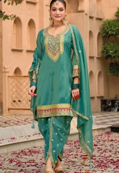 Embroidered Art Silk Punjabi Suit in Teal Green