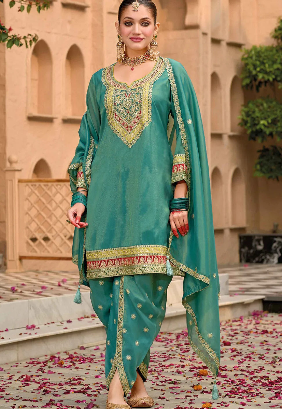 Embroidered Art Silk Punjabi Suit in Teal Green