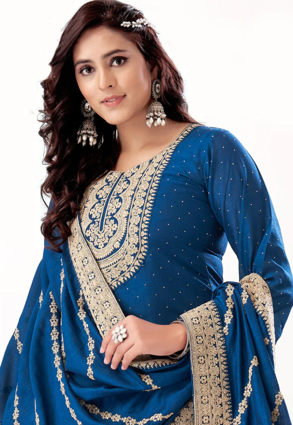 Embroidered Art Silk Punjabi Suit in Teal Blue