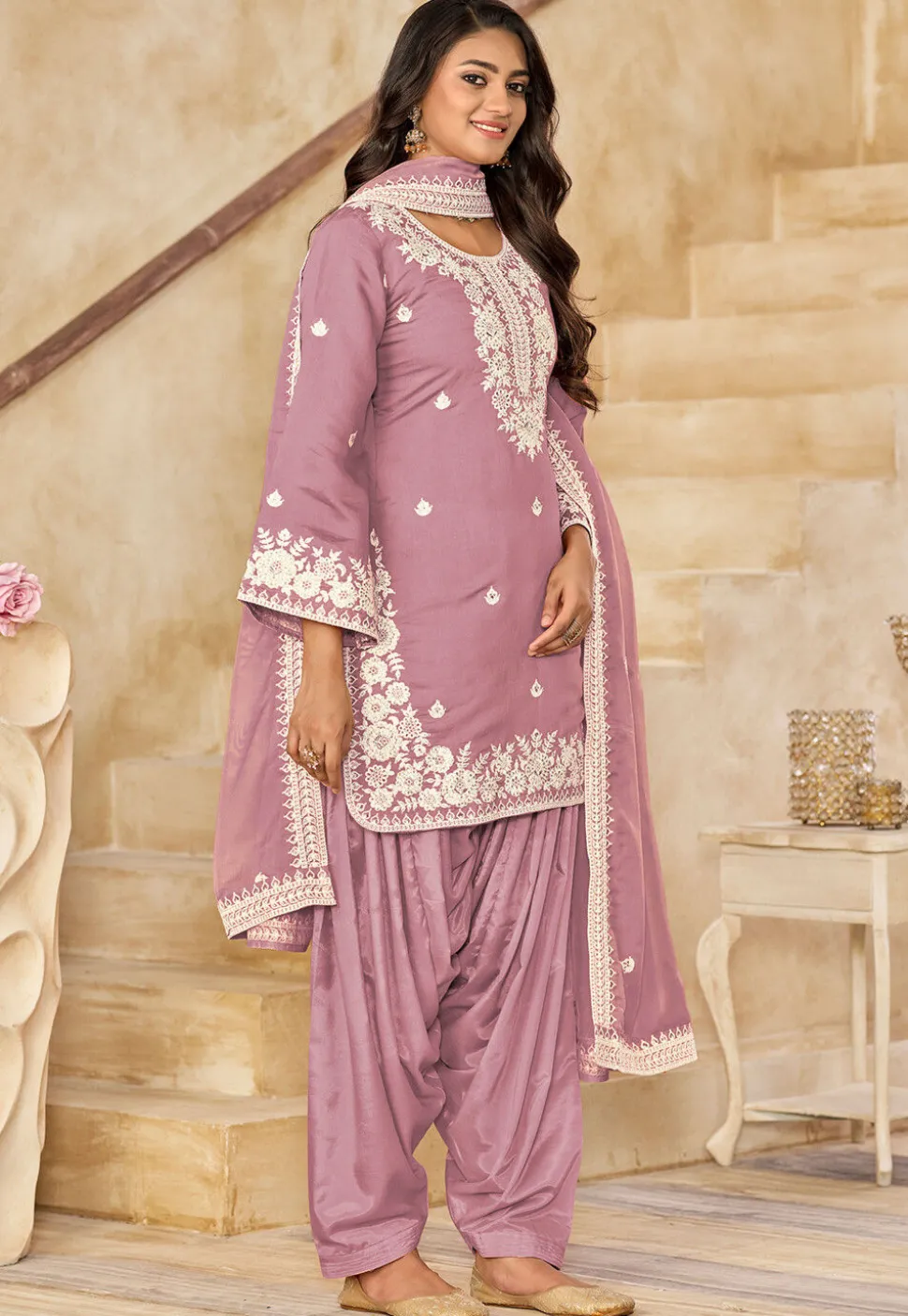 Embroidered Art Silk Punjabi Suit in Pink