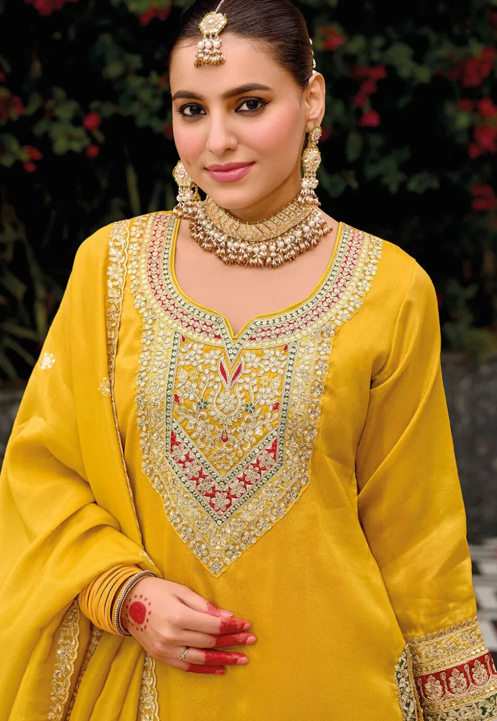 Embroidered Art Silk Punjabi Suit in Yellow