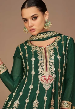 Embroidered Art Silk Punjabi Suit in Dark Green