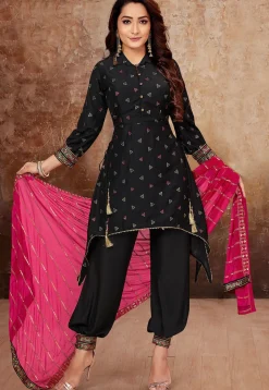 Embroidered Art Silk Punjabi Suit in Black