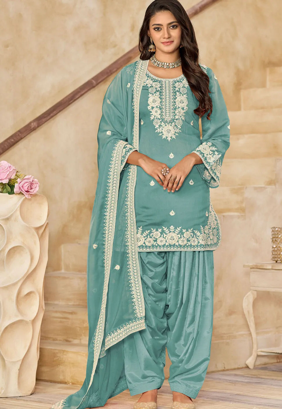 Embroidered Art Silk Punjabi Suit in Blue