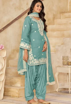Embroidered Art Silk Punjabi Suit in Blue