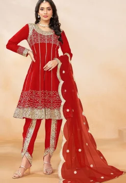 Embroidered Art Silk Punjabi Suit in Red