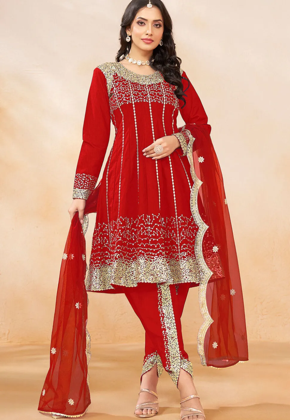 Embroidered Art Silk Punjabi Suit in Red