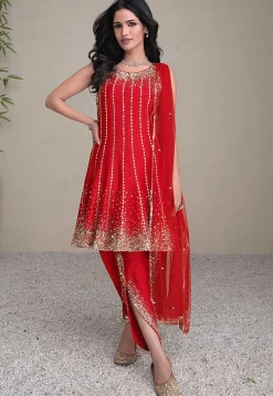 Embroidered Art Silk Punjabi Suit in Red