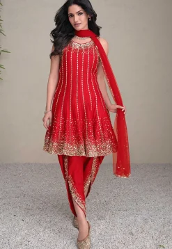 Embroidered Art Silk Punjabi Suit in Red