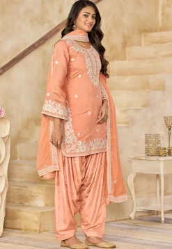 Embroidered Art Silk Punjabi Suit in Peach