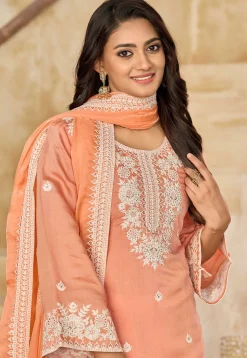 Embroidered Art Silk Punjabi Suit in Peach