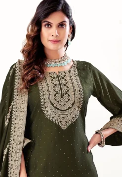 Embroidered Art Silk Punjabi Suit in Olive Green