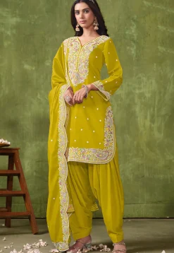 Embroidered Art Silk Punjabi Suit in Mustard