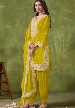 Embroidered Art Silk Punjabi Suit in Mustard