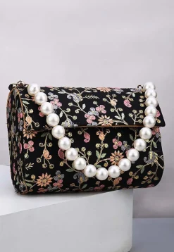Embroidered Art Silk Rectangular Clutch Bag in Black