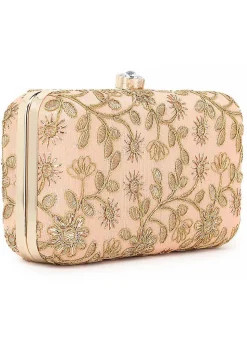 Embroidered Art Silk Rectangular Clutch Bag in Peach