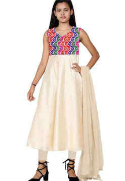 Embroidered Art Silk Salwar Suit in Cream and Multicolor