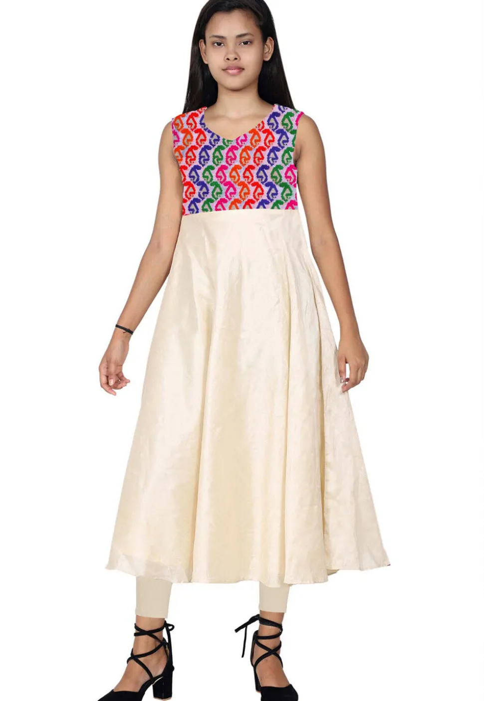 Embroidered Art Silk Salwar Suit in Cream and Multicolor