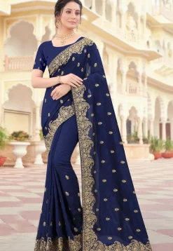 Embroidered Art Silk Saree in Navy Blue