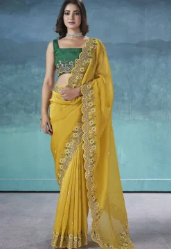Embroidered Art Silk Saree in Yellow
