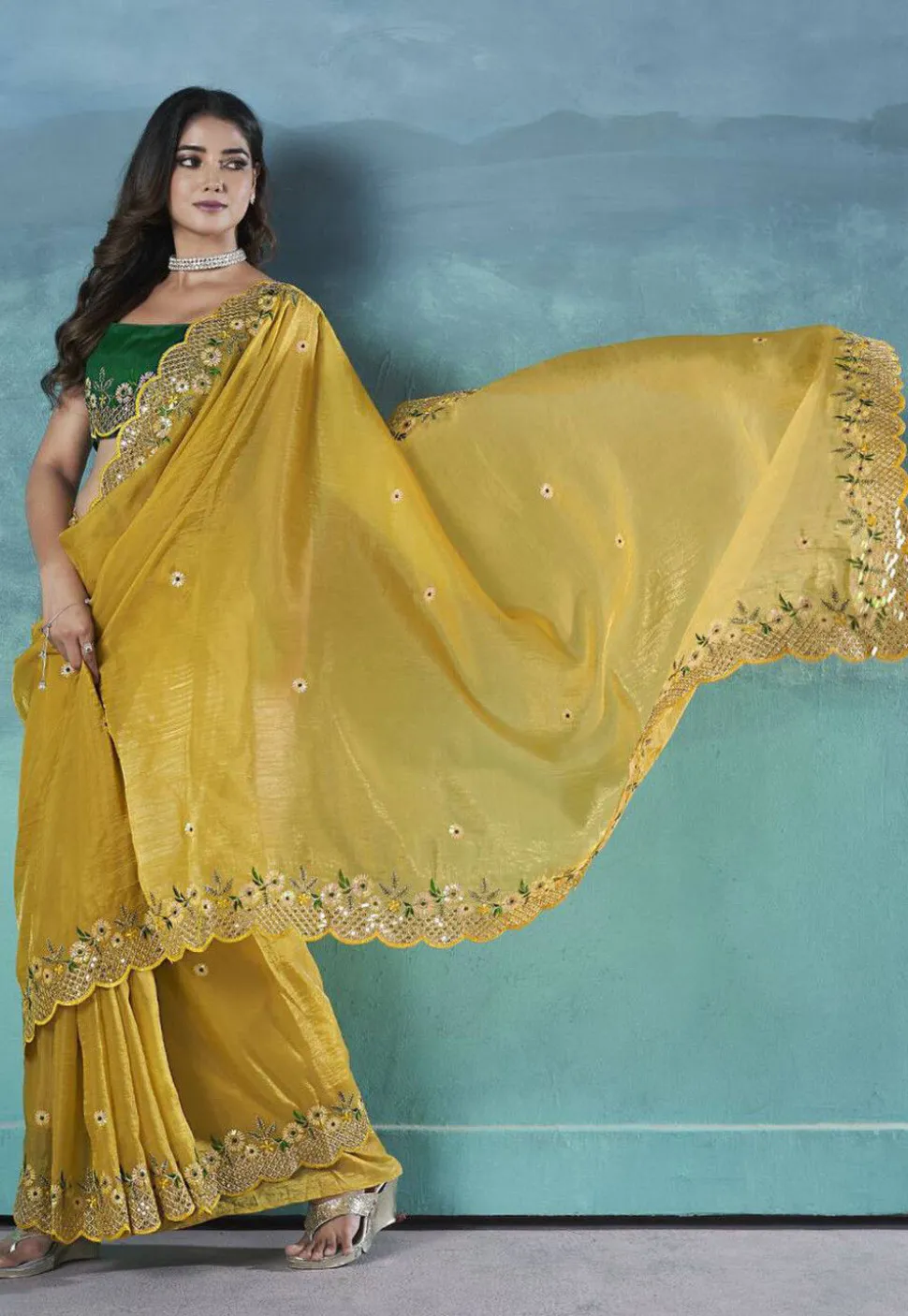 Embroidered Art Silk Saree in Yellow