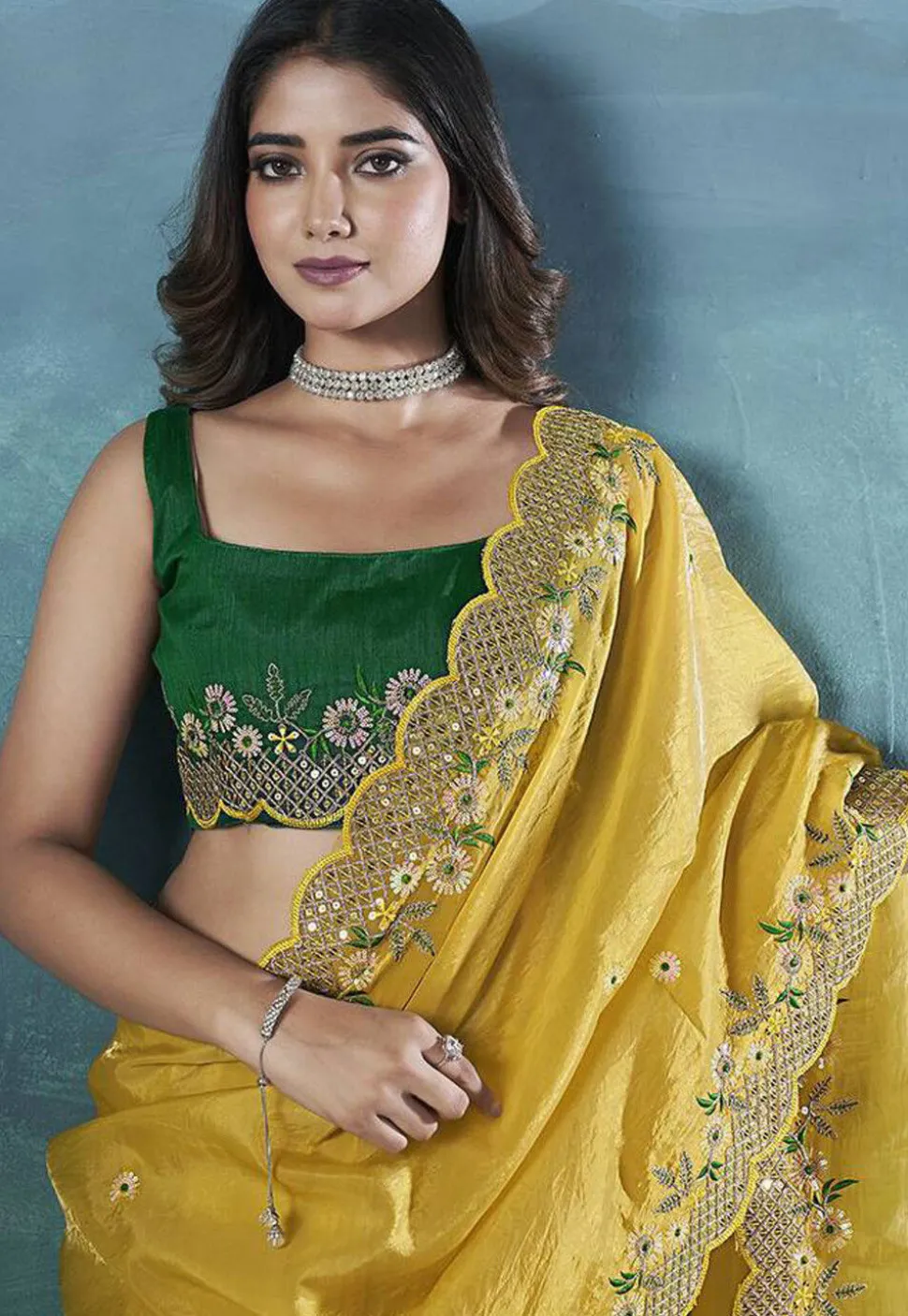 Embroidered Art Silk Saree in Yellow