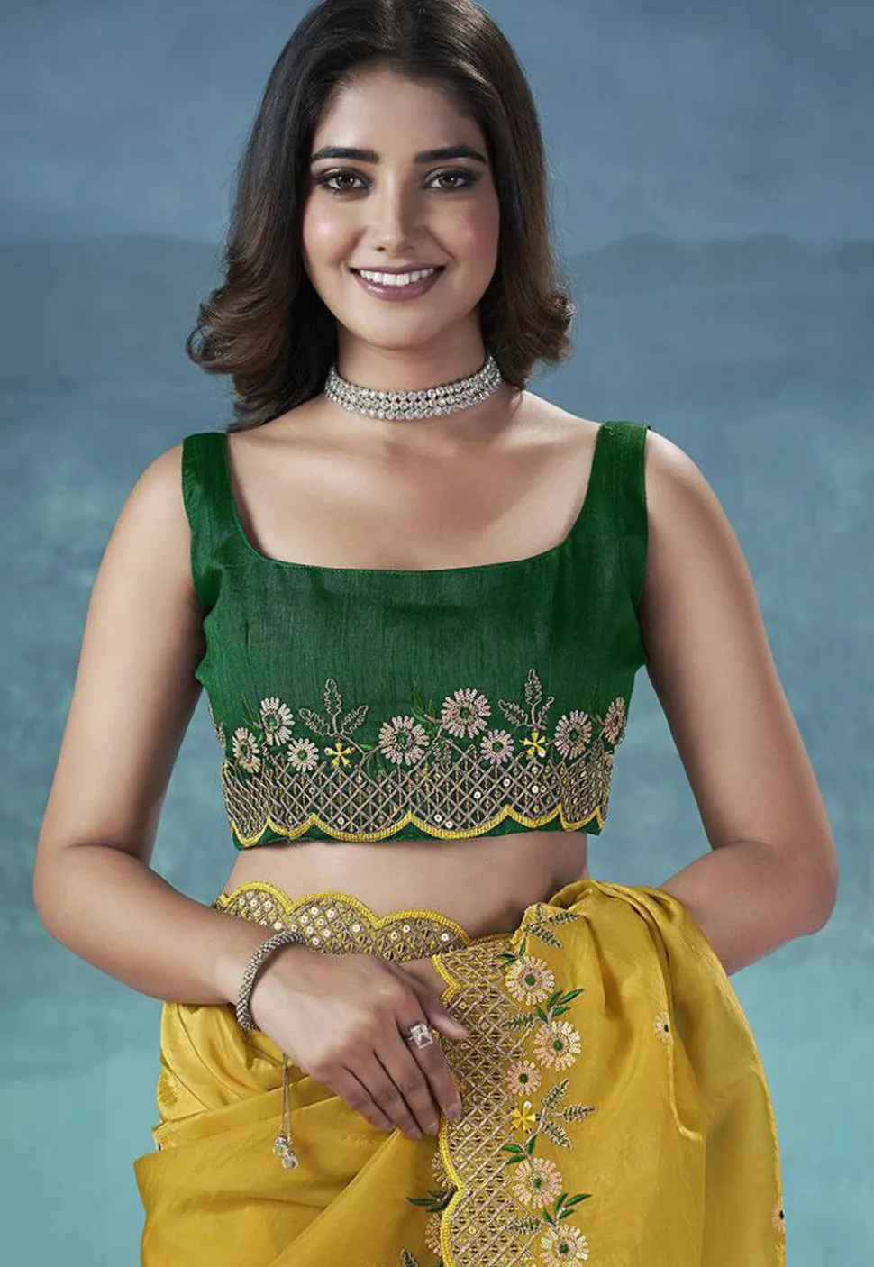 Embroidered Art Silk Saree in Yellow