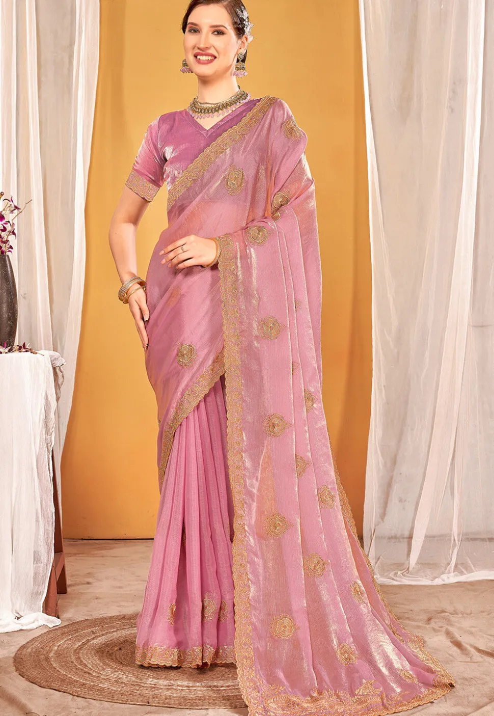 Embroidered Art Silk Saree in Pink