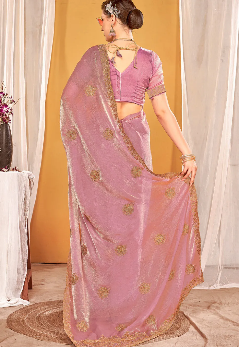 Embroidered Art Silk Saree in Pink