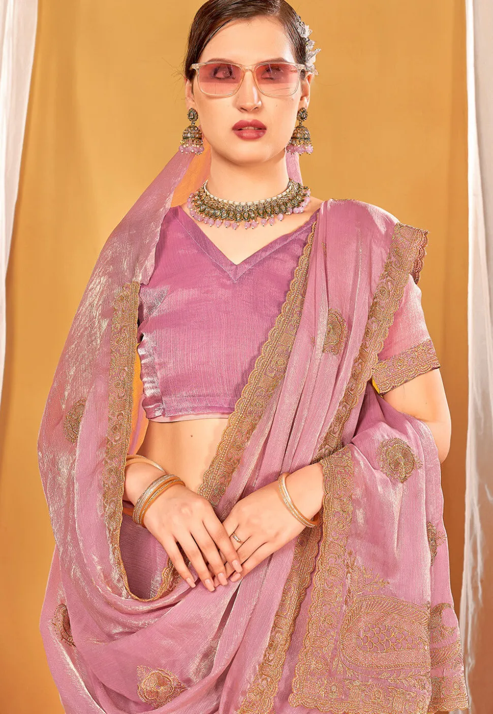 Embroidered Art Silk Saree in Pink