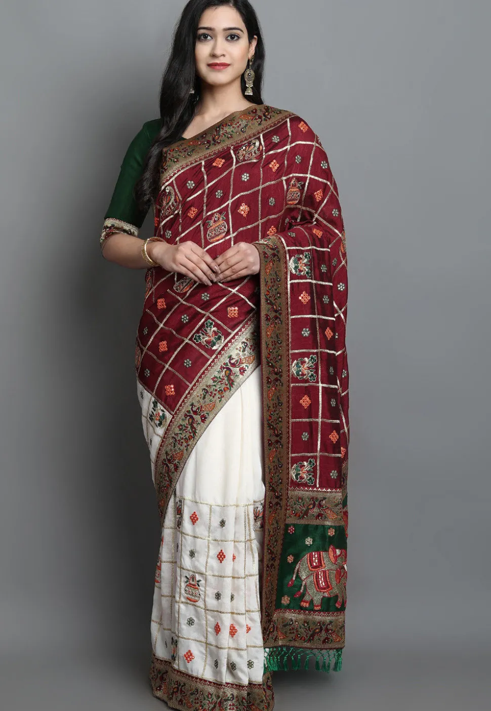 Embroidered Art Silk Saree in Maroon and Off White